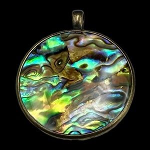 Vintage Abalone Shell and Brass Round Pendant. 1.25” Diameter